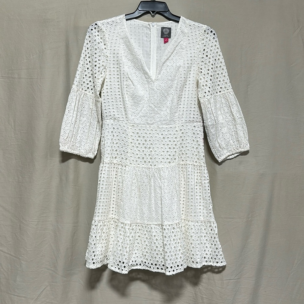 Vince Camuto White Eyelet V-Neck Tiered Dress